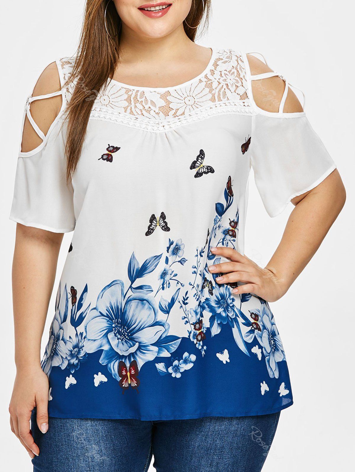 

Plus Size Printed Cold Shoulder Blouse, White