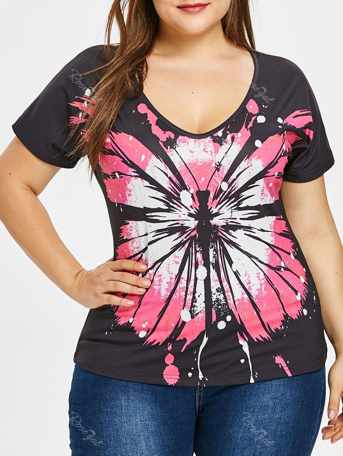 

Plus Size V Neck Butterfly Pattern T Shirt, Black