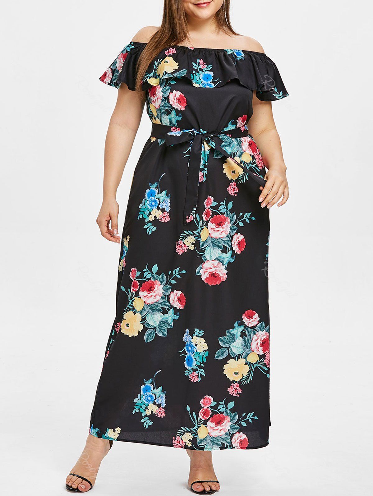 

Plus Size Off Shoulder Printed Belted Long Dress, Black