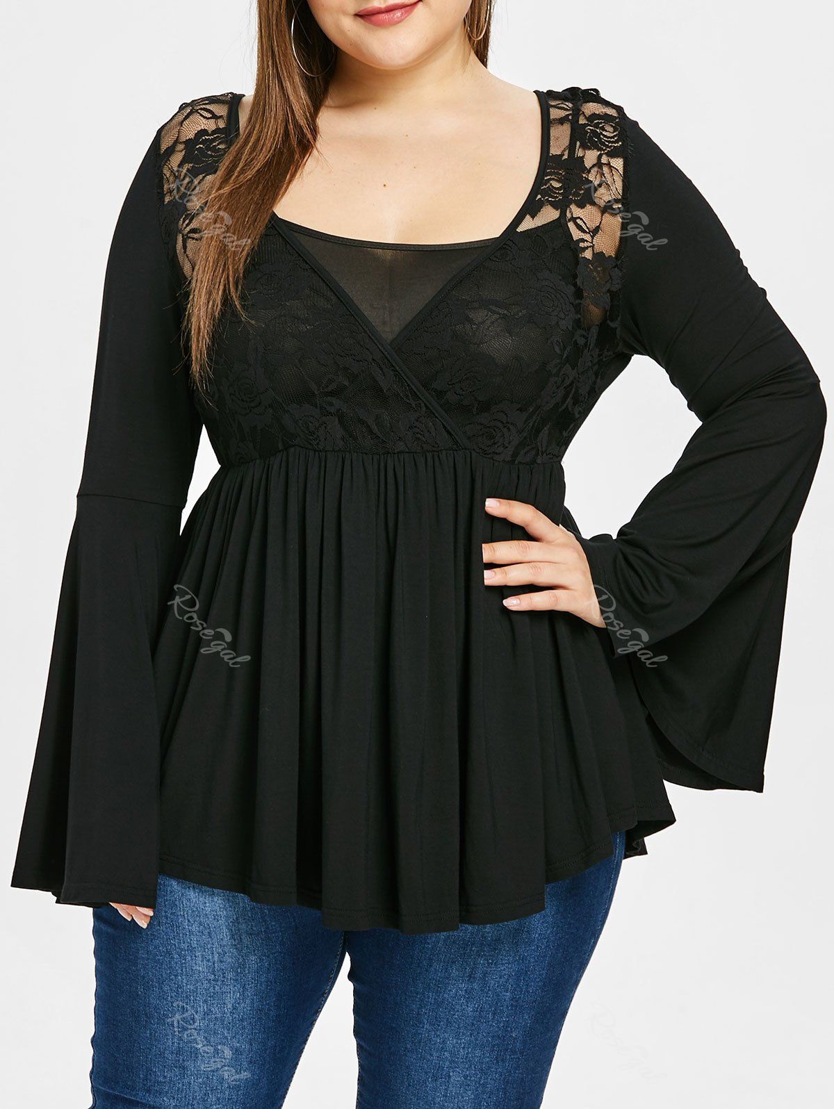 

Plus Size Flare Sleeve Cross Front Lace Draped T-shirt, Black