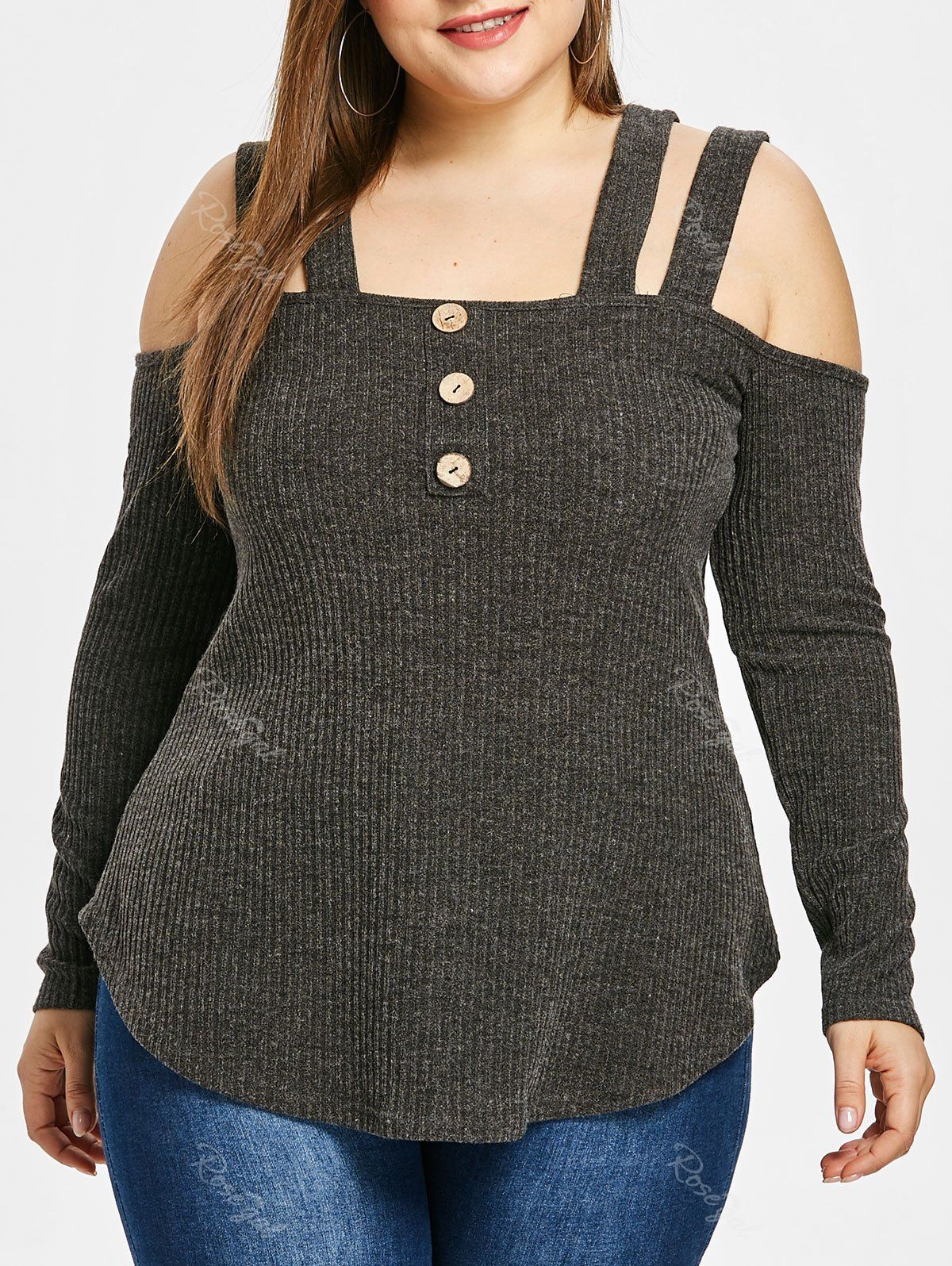 

Plus Size Open Shoulder Square Neck T-shirt, Dark gray