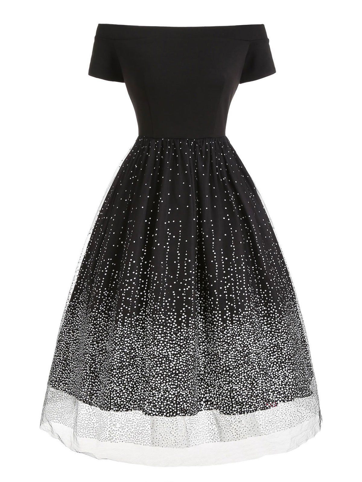 

Snow Print Off The Shoulder Vintage Dress, Black