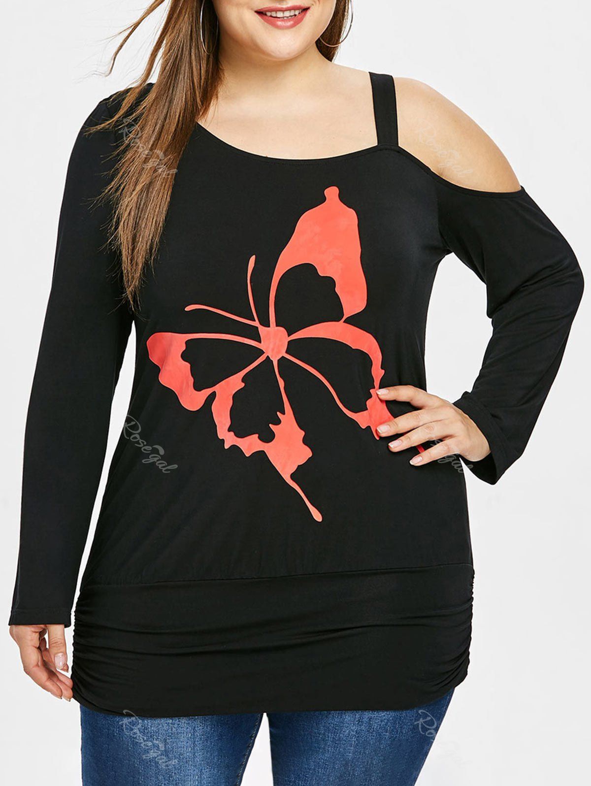 

Plus Size Butterfly Print Cold Shoulder Blouson T-shirt, Black