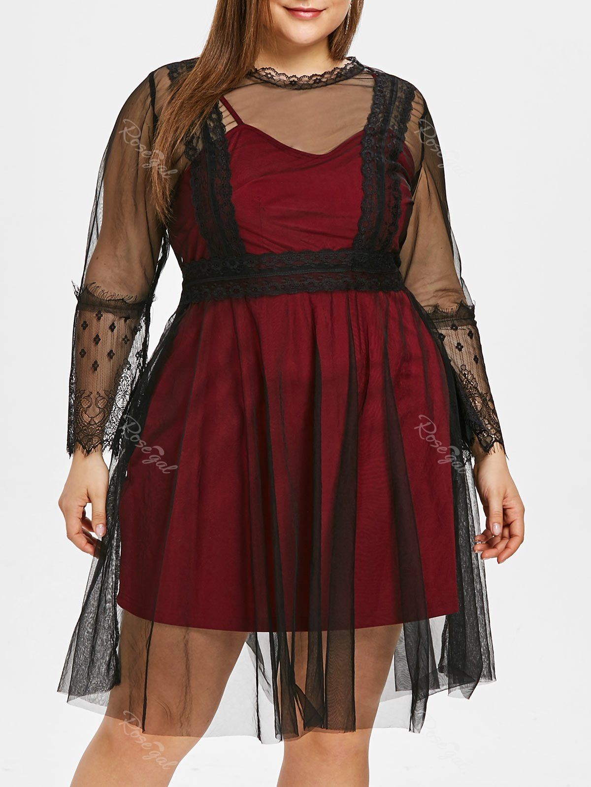 

See Through Plus Size Lace Panel Two Piece Dress, Red wine
