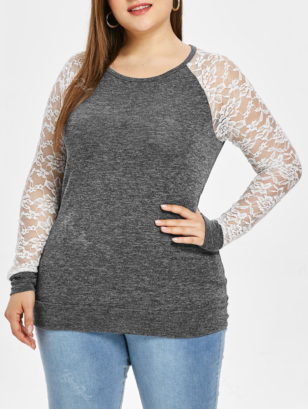 

Plus Size Lace Raglan Sleeve Splicing T-shirt, Gray