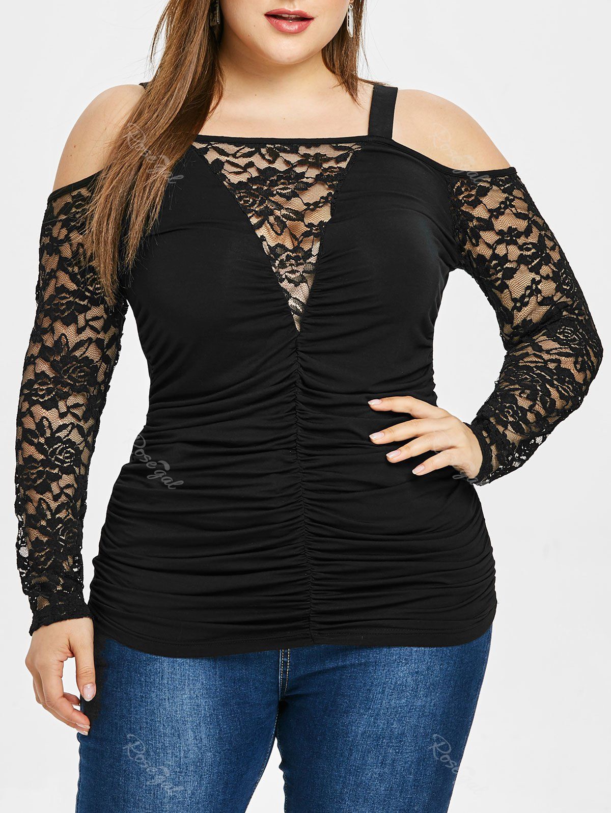 

Plus Size Cold Shoulder Pleated Lace T-shirt, Black