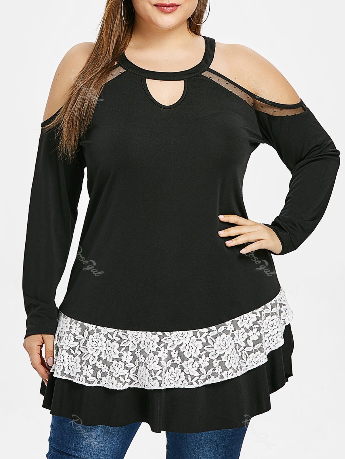 

Plus Size Cut Out Lace Panel T-shirt, Black