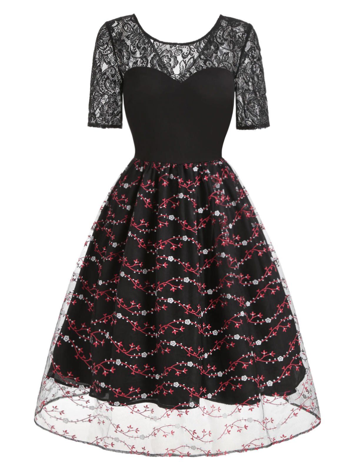 

Short Sleeve Floral Print Lace Panel Dress, Multi