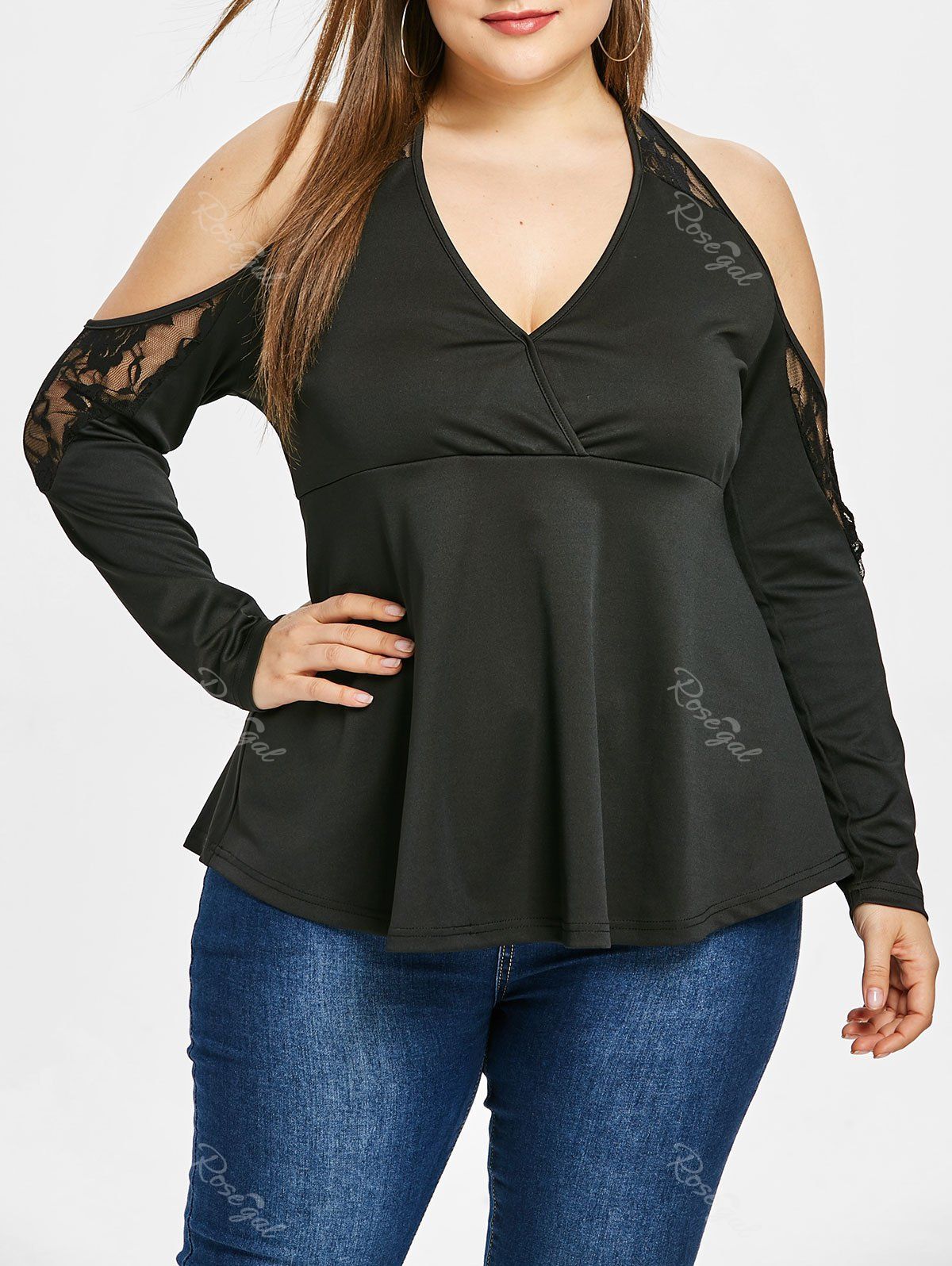 

Plunging Neck Plus Size Lace Panel T-shirt, Black