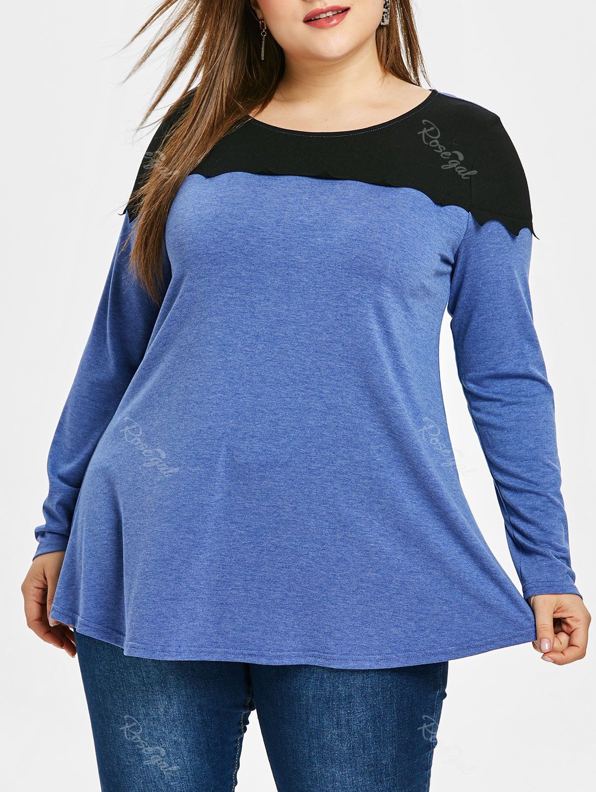 

Plus Size Round Neck Two Tone T-shirt, Blue