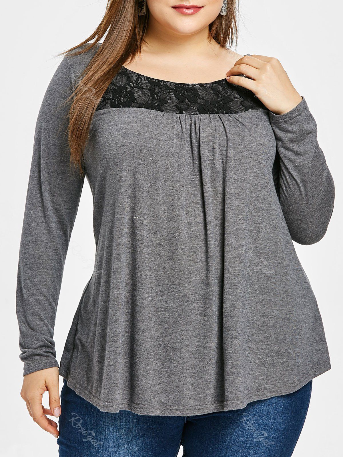 

Grommet Embellished Plus Size Lace Panel T-shirt, Gray