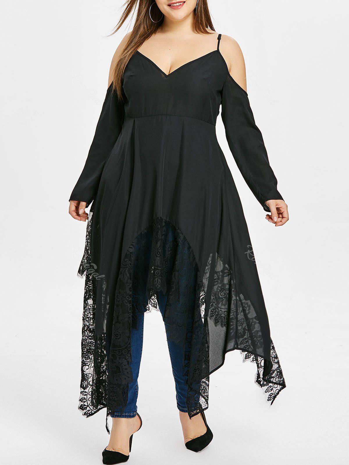

Plus Size Open Shoulder Lace Insert Asymmetric Top, Black