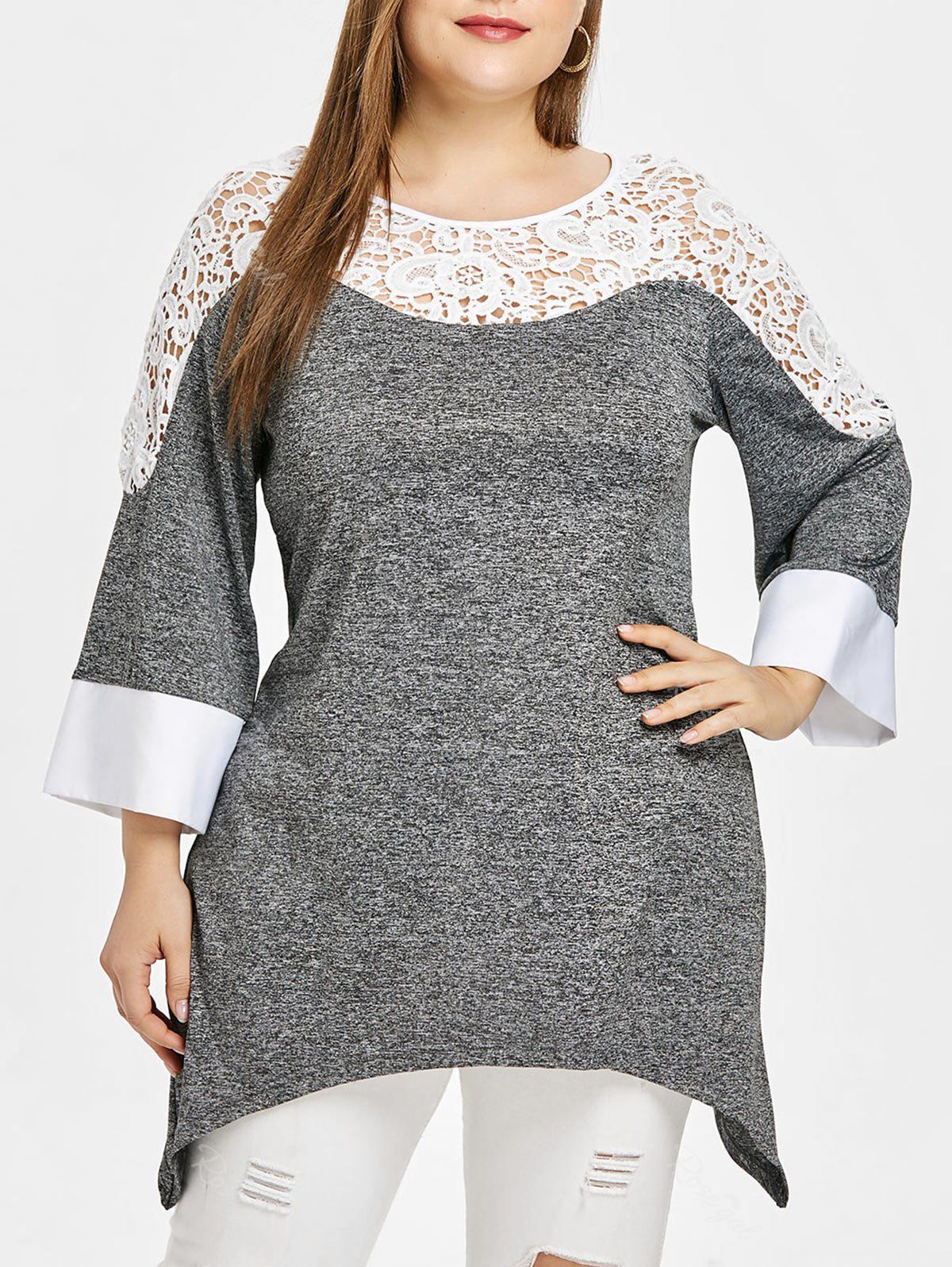 

Plus Size Three Quarters Two Tone Applique T-shirt, Gray