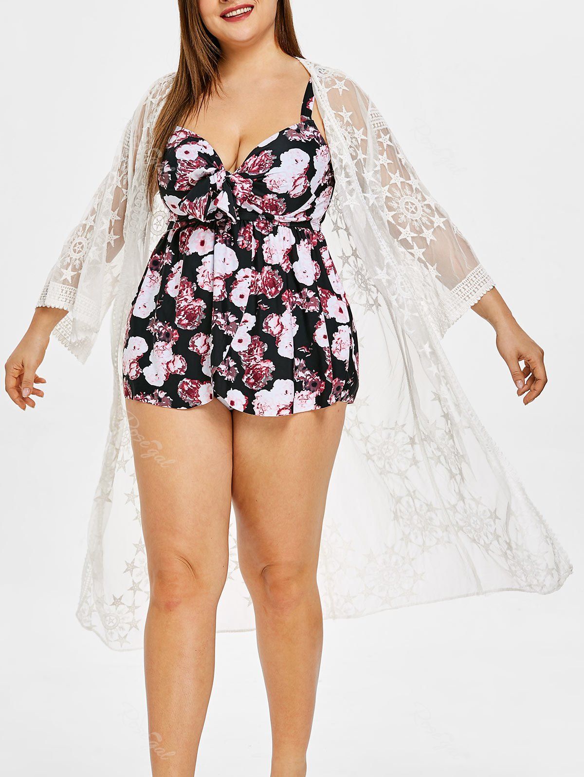 

Stars Lace Three Quarter Sleeve Plus Size Cover Up, White