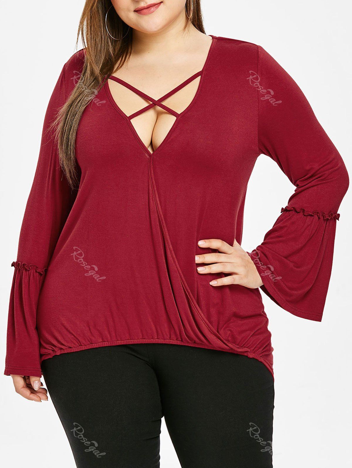 

Plus Size Plunge Bell Sleeve Surplice T-shirt, Red wine