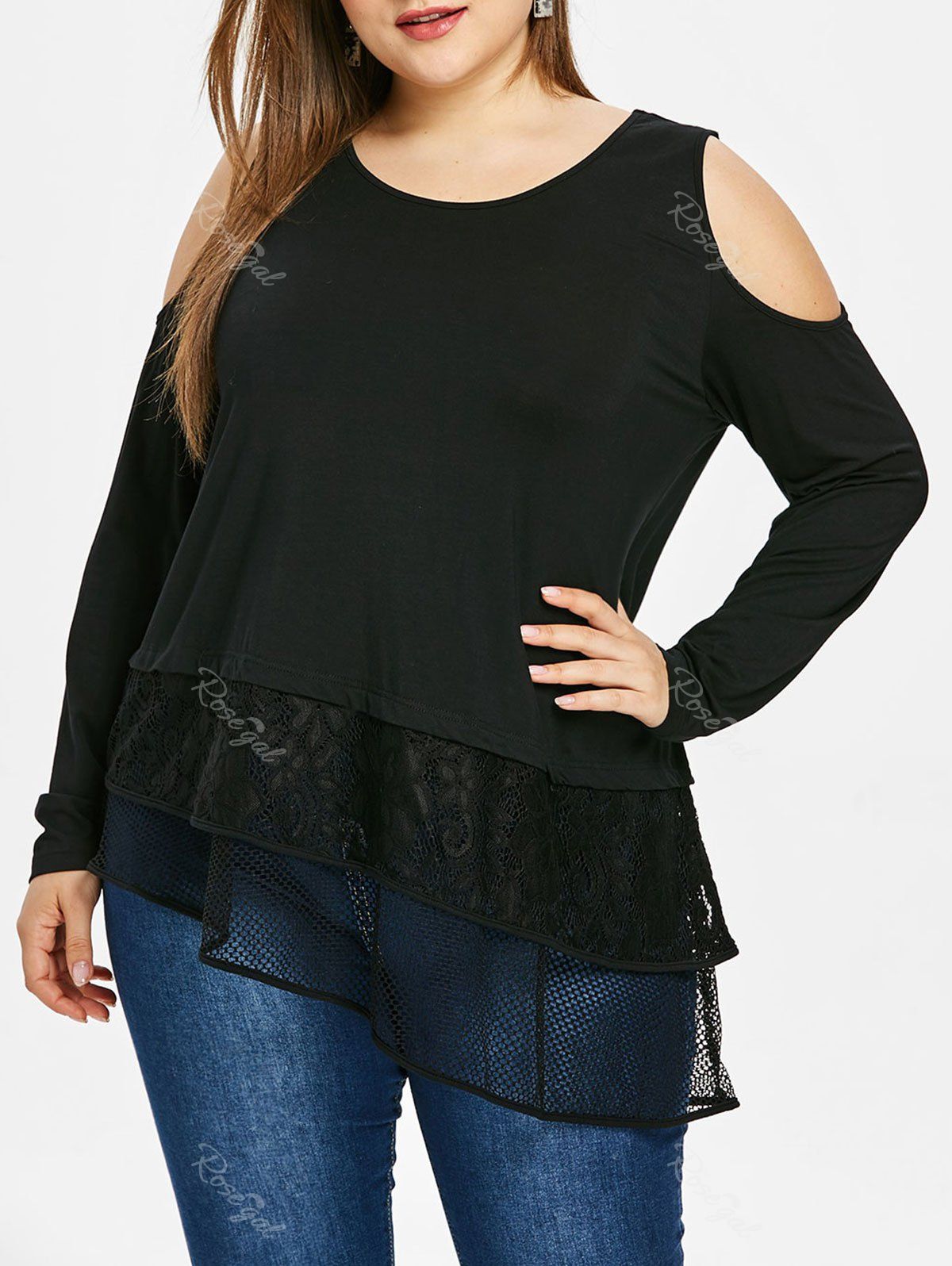 

Plus Size Cold Shoulder Half Sleeve Skew Hem Lace Panel T-shirt, Black