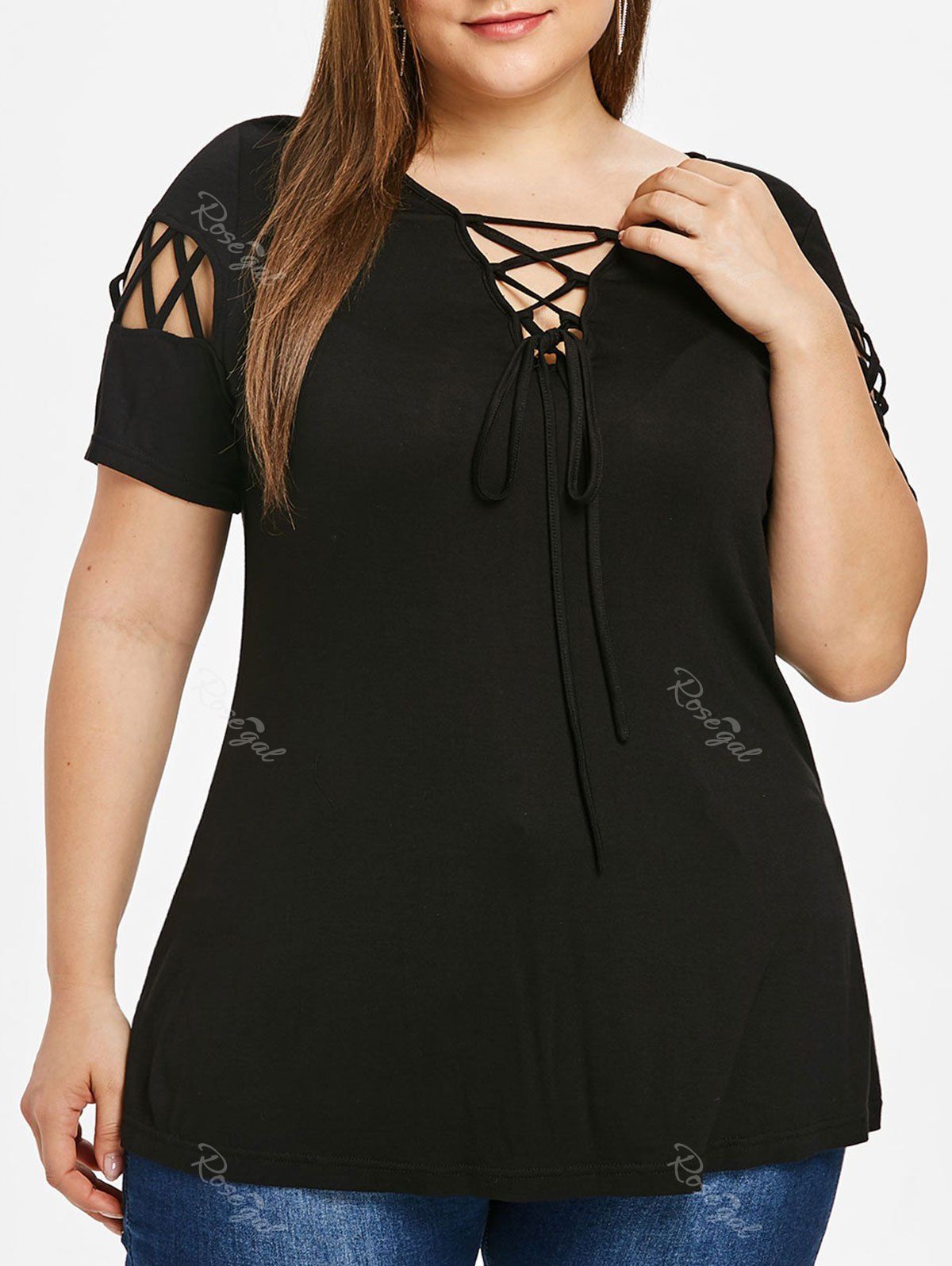 

Criss Cross Lace Up Plus Size T-shirt, Black