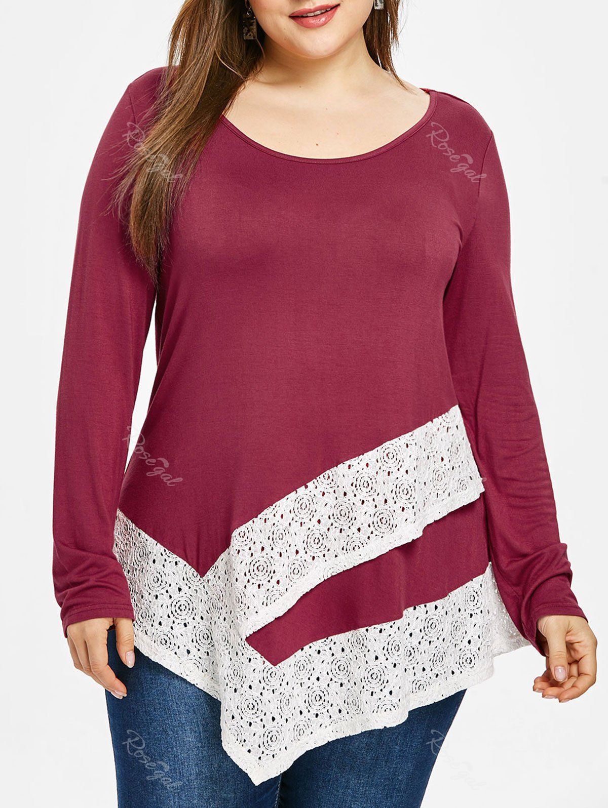 

Plus Size Patchwork High Low T-shirt, Red wine