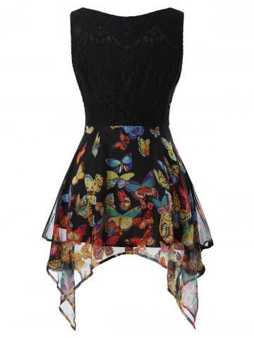 

Plus Size Asymmetrical Butterfly Print Overlay Tank Top, Black