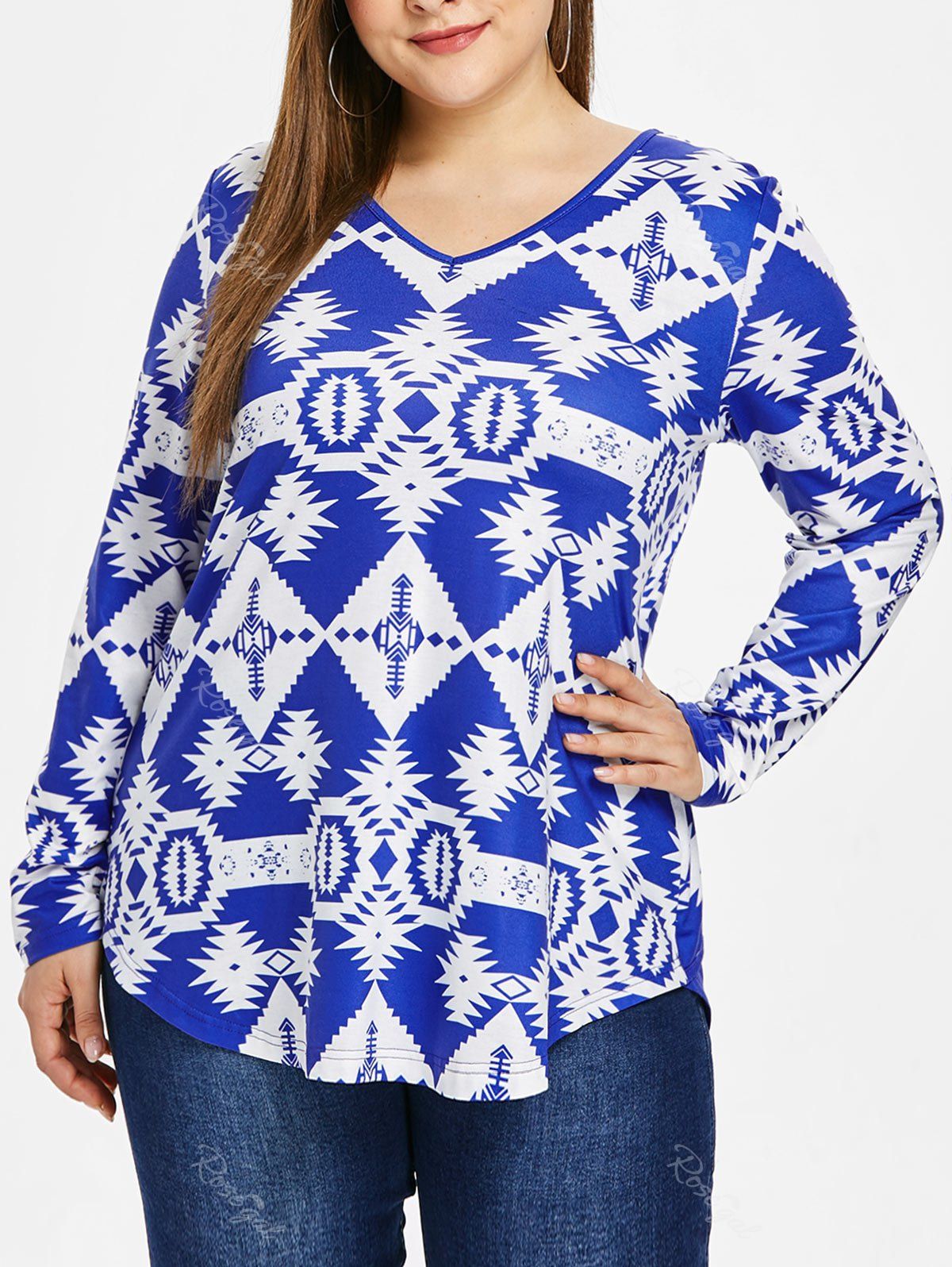 

Plus Size Geometric Print False Two Piece T-shirt, Blue