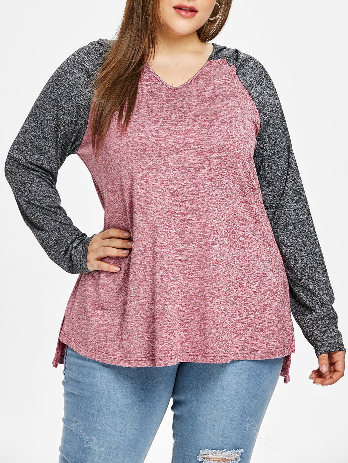 

Plus Size Hooded Two Tone Asymmetrical T-shirt, Multi