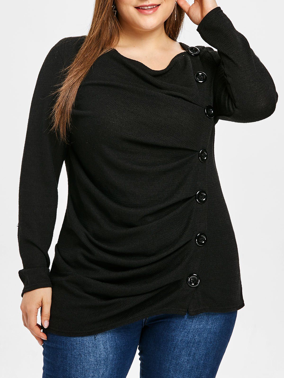 

Plus Size Long Sleeves Tee with Buttons, Black