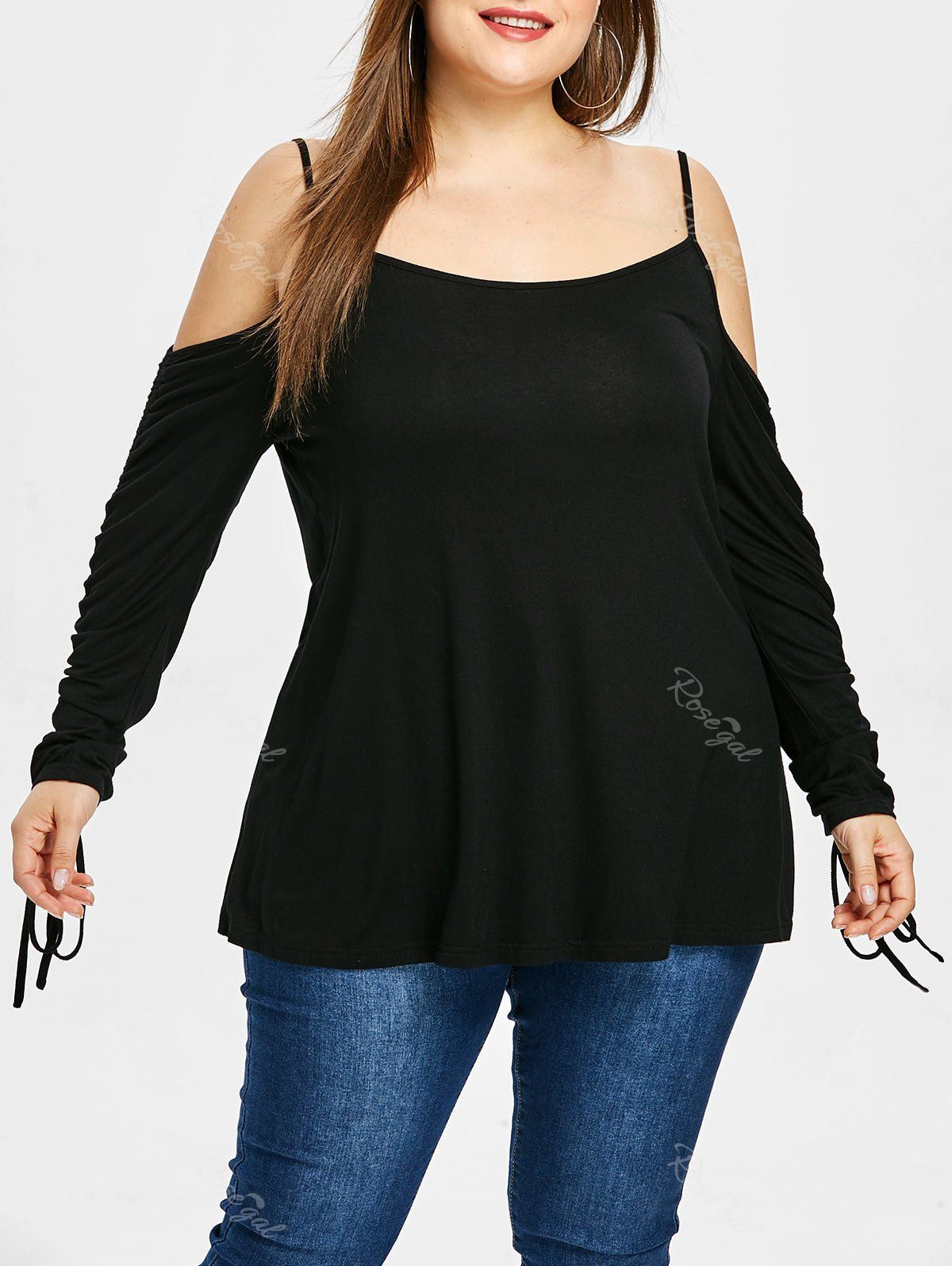 

Plus Size Open Shoulder Cinched T-shirt, Black