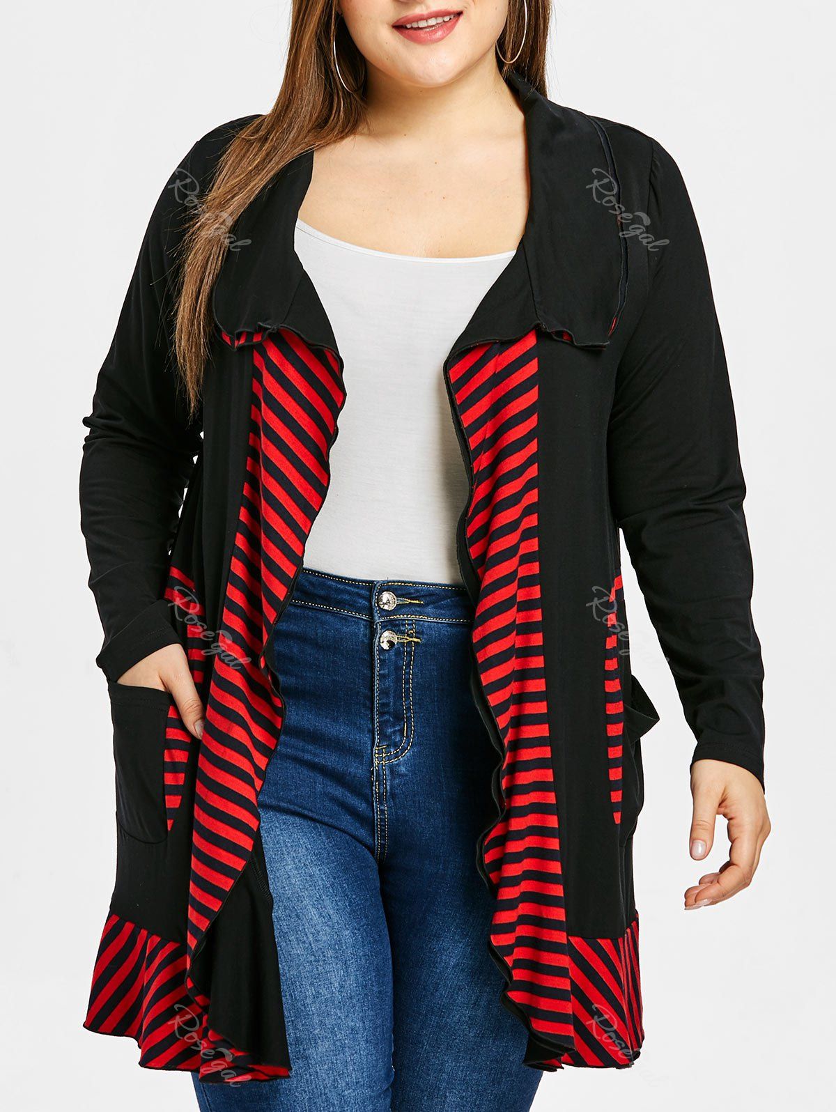 

Plus Size Ruffle Striped Open Coat, Black