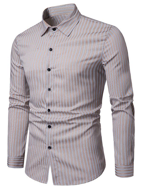 

Stripe Print Hem Curved Long Sleeve Shirt, Light khaki