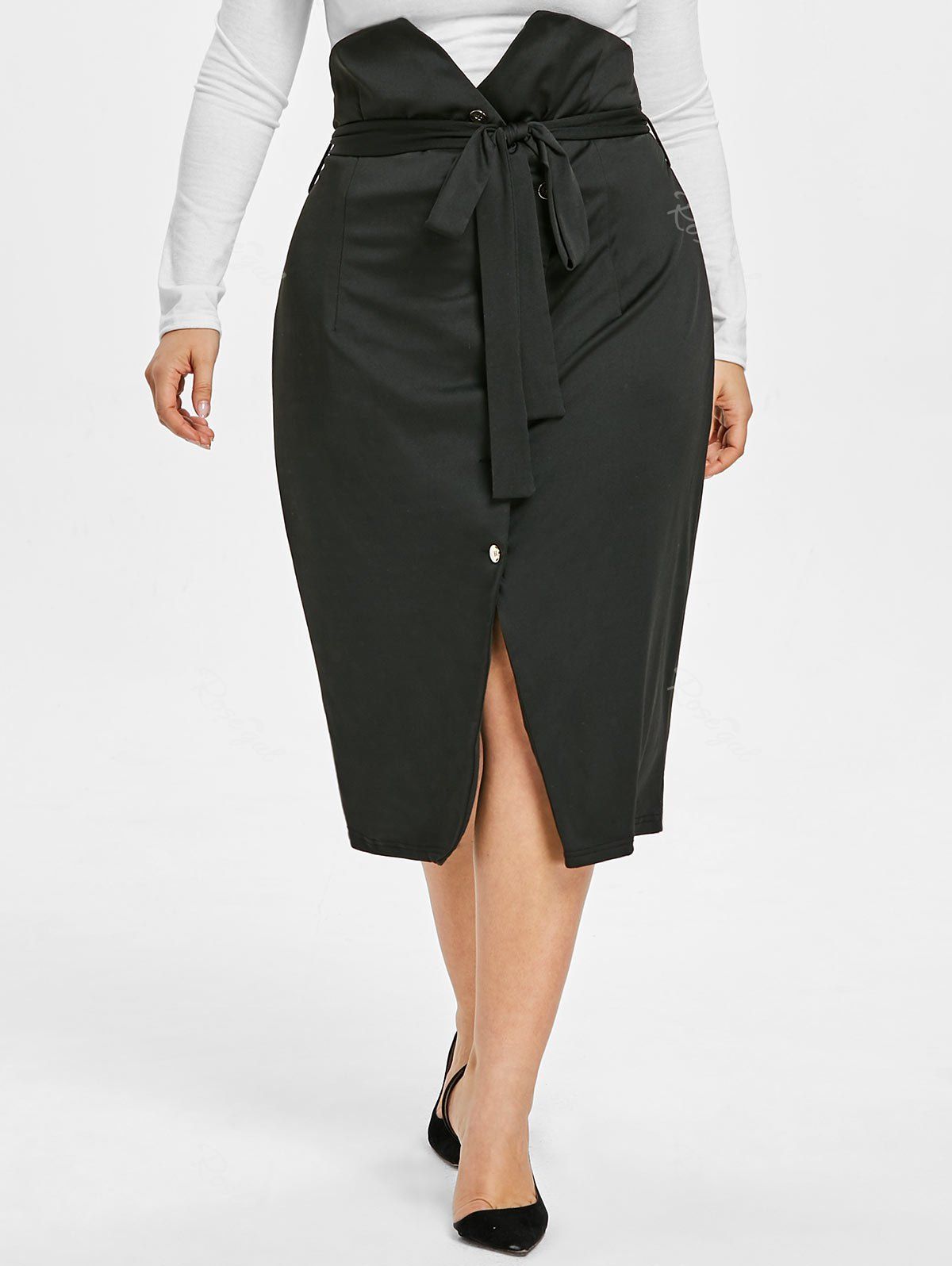 

High Waisted Plus Size Buttoned Midi Skirt, Black