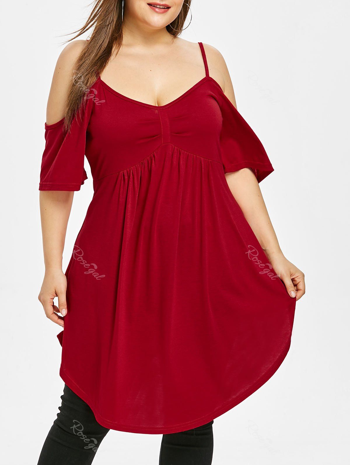 

Plus Size Short Sleeve Open Shoulder T-shirt, Red