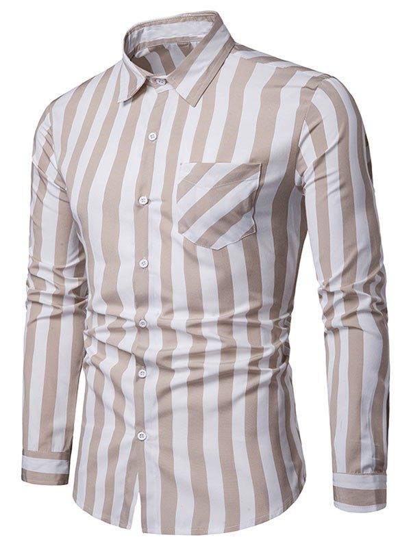 

Striped Pattern Chest Pocket Casual Long Sleeve Shirt, Light khaki