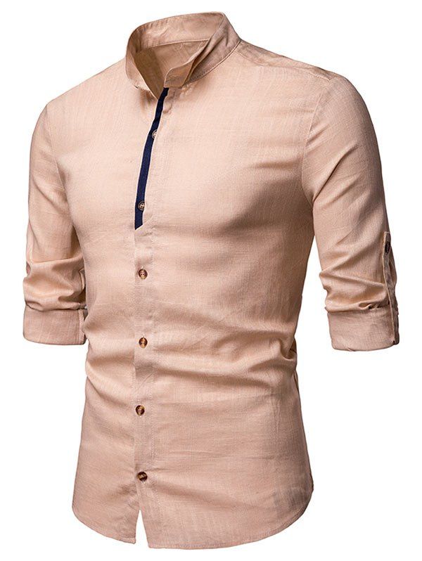 

Contrast Placket Roll Up Long Sleeve Shirt, Light khaki