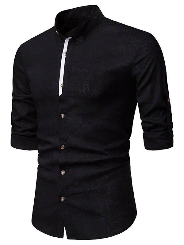 

Contrast Placket Roll Up Long Sleeve Shirt, Black