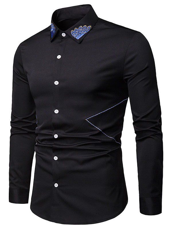 

Embroidered Collar Button Up Long Sleeve Shirt, Black