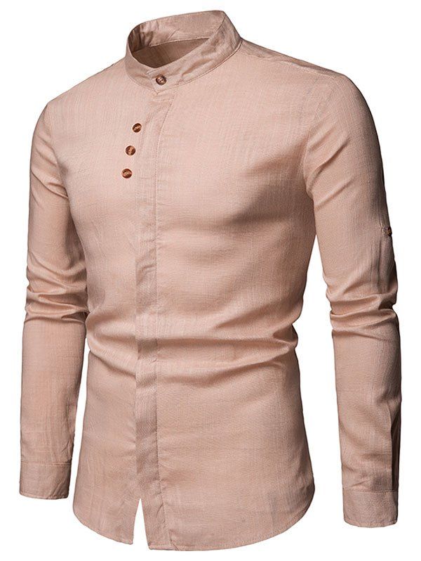 

Stand Collar Hidden Button Long Sleeve Shirt, Light khaki