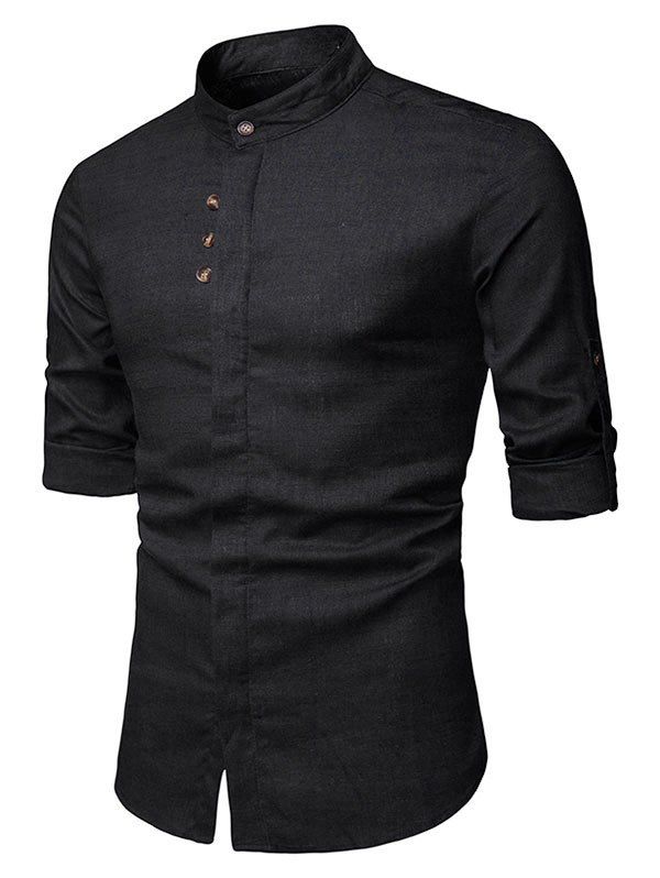 

Stand Collar Hidden Button Long Sleeve Shirt, Black