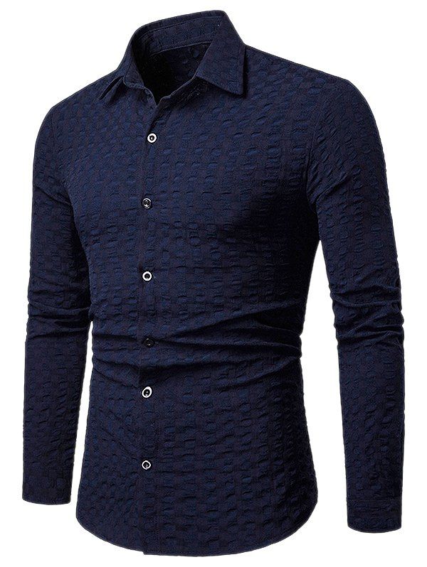 

Solid Checkered Texture Breathable Long Sleeve Shirt, Cadetblue