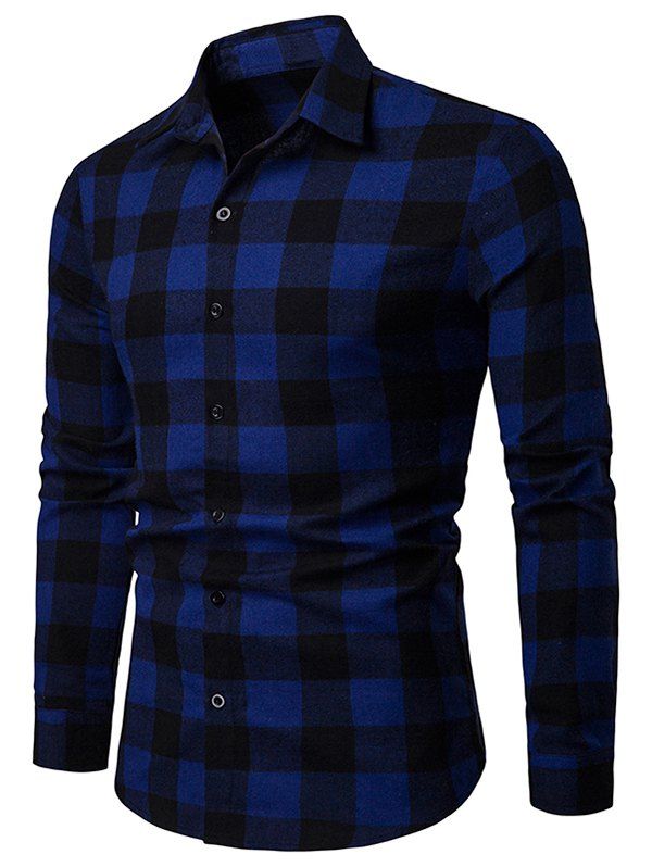 

Contrast Tartan Print Hem Curved Button Up Shirt, Blue