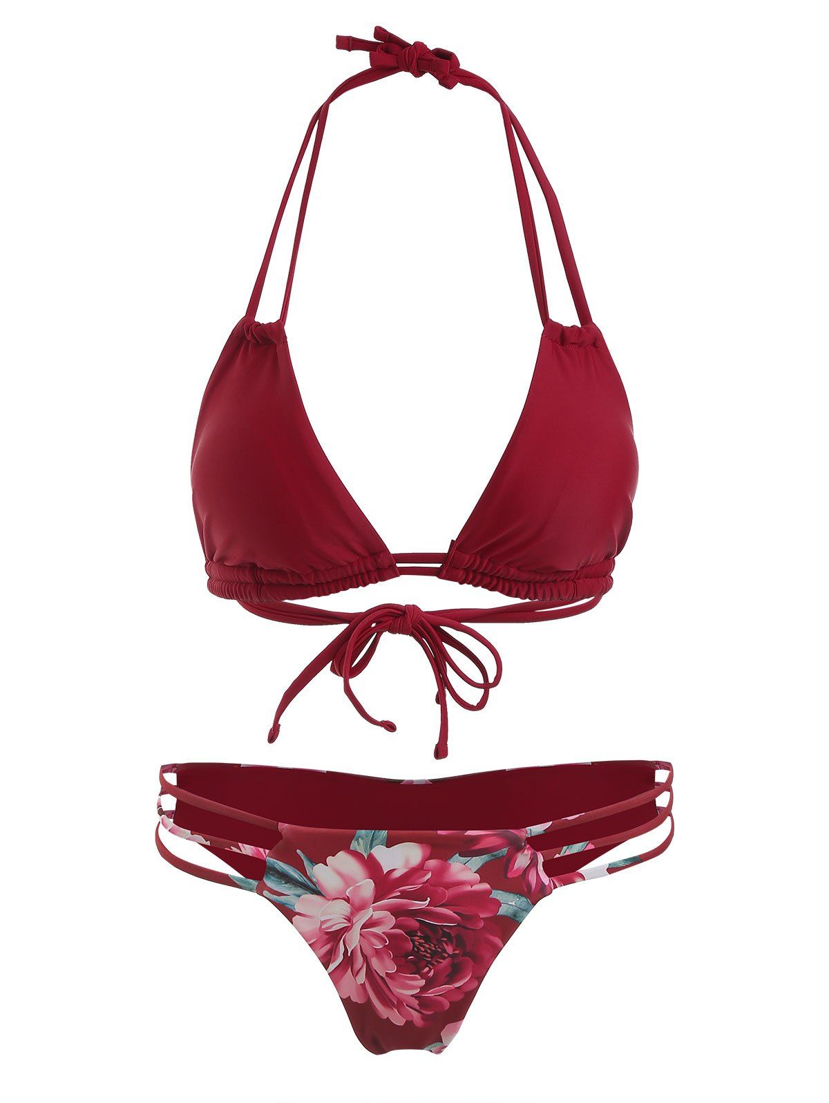 

Strappy Cut Out Floral Print Bikini Set, Red wine