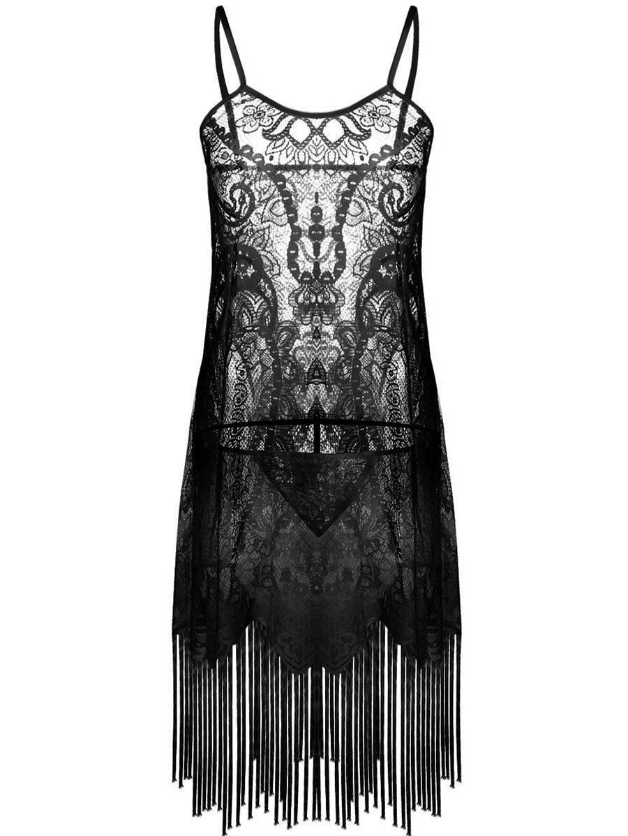 

Fringed Sexy Lace Dress, Midnight black