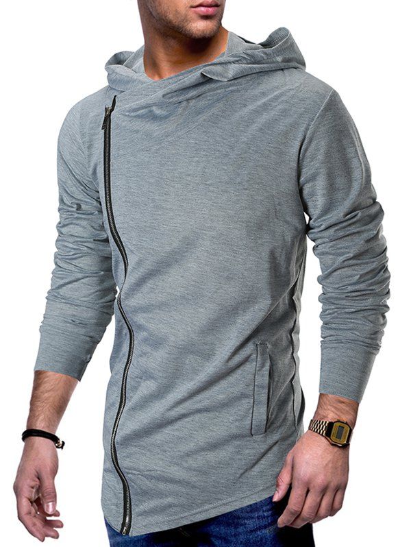 

Asymmetric Side Zipper Casual Hoodie, Light gray