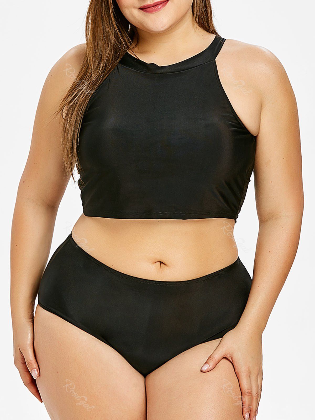 

High Neck Plus Size Tank Bikini Set, Black