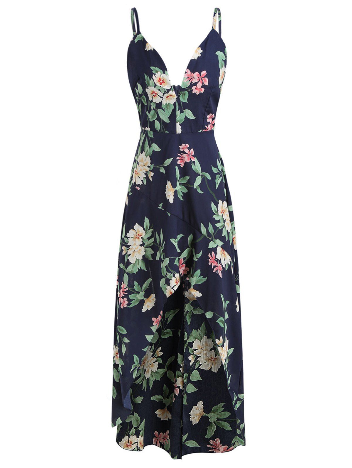 

Spaghetti Strap Floral Print Flounce High Low Dress, Dark slate blue