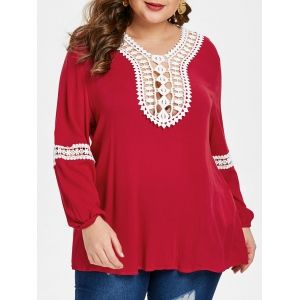 

Contrast Lace Insert Plus Size Blouse, Red