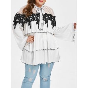 

Plus Size Tie Collar Hollow Out Blouse, White