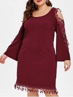 Plus Size Lace Panel Fringed Open Shoulder Dress - RED WINE - L