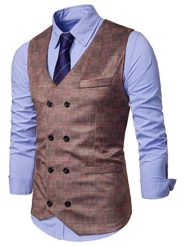 

Double Breasted Plaid Print Soft Waistcoat, Brown
