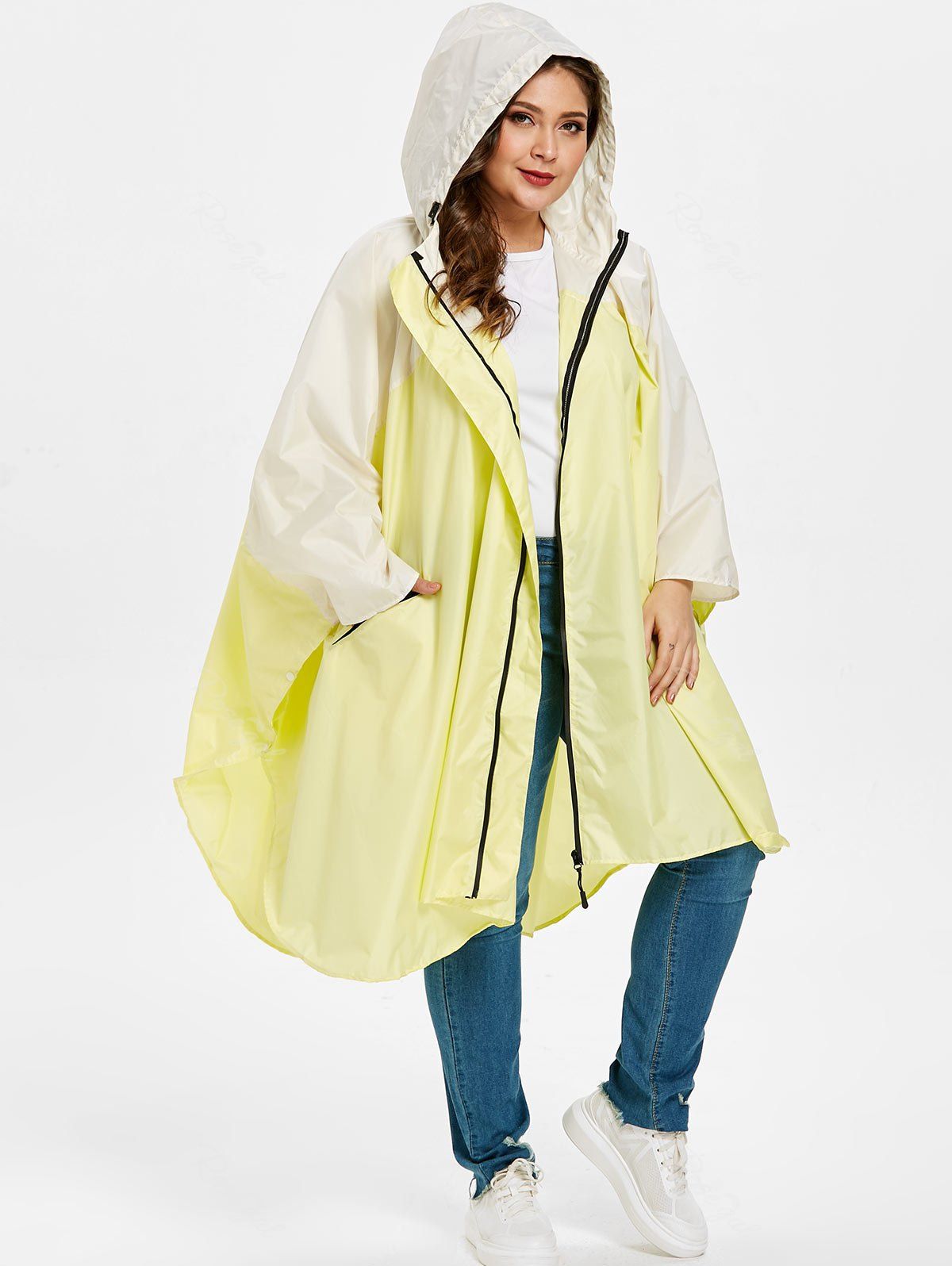 

Two Tone Plus Size Zip Up Raincoat, Cream