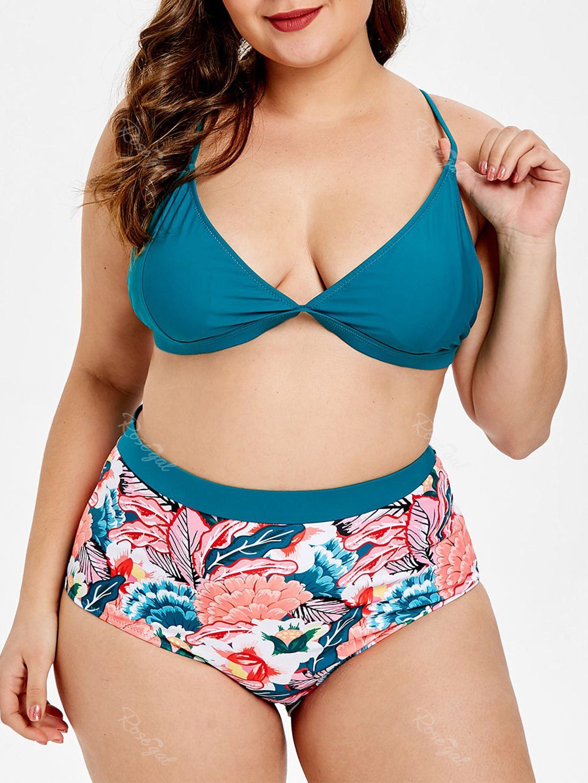 

High Waisted Plus Size Cross Print Bikini Set, Dark green